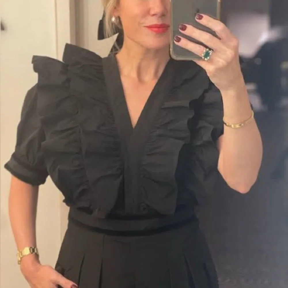 NWT HUNTER BELL Onyx Black Elva Ruffle Velvet Trim Jumpsuit Sz 4 - Picture 5 of 16